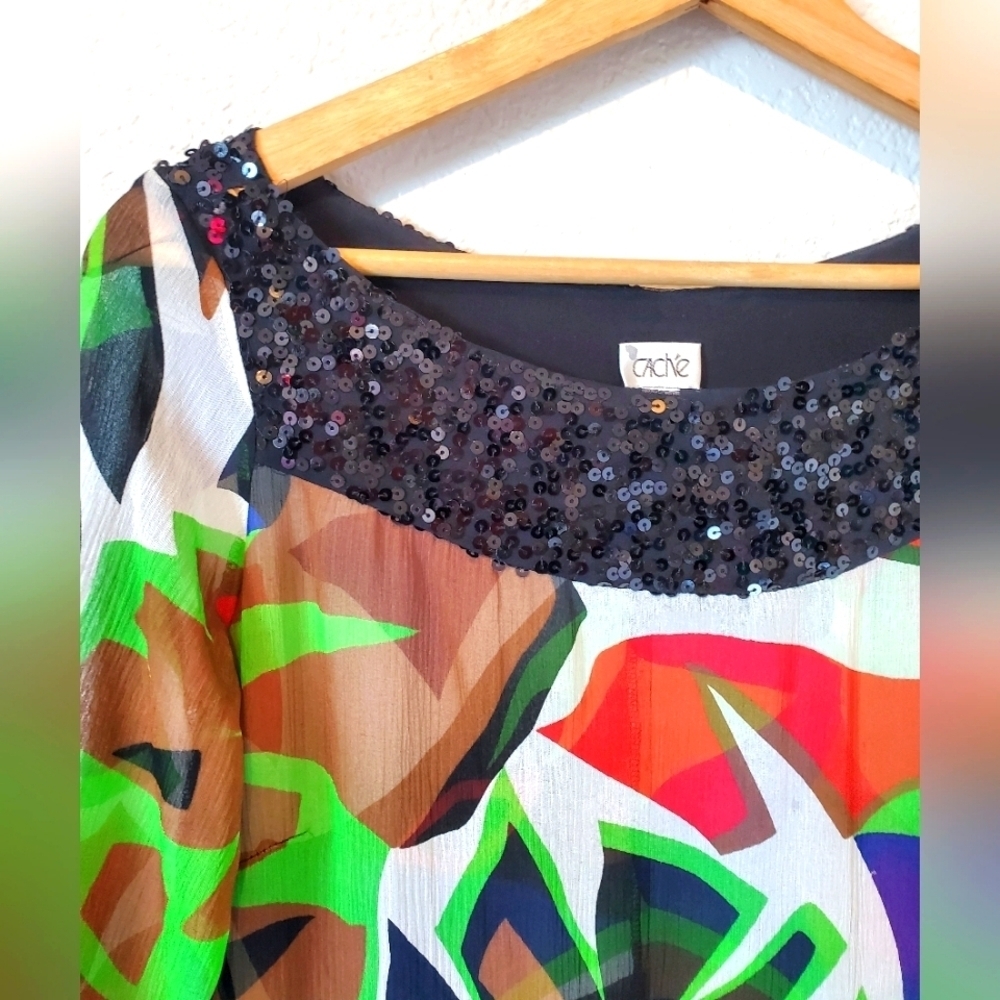 💚5/$25 Caché 100% Silk & Sequin vibrant Abstract Print Sheer Mini Dress XS - Picture 4 of 7